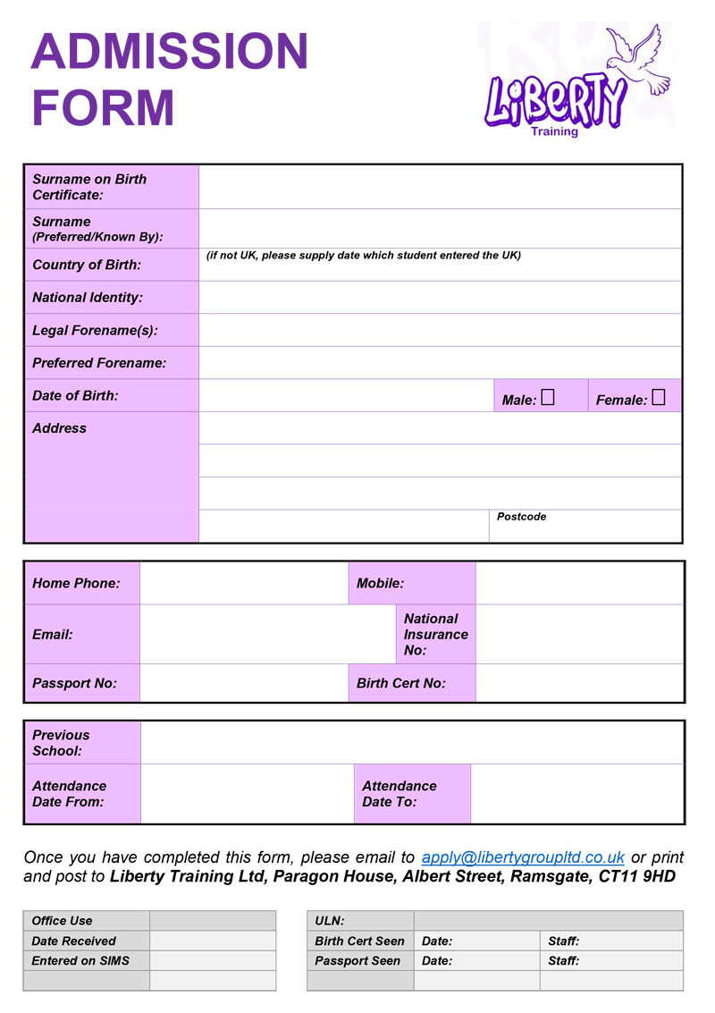 Image of Liberty College Learner Admission Form 2020